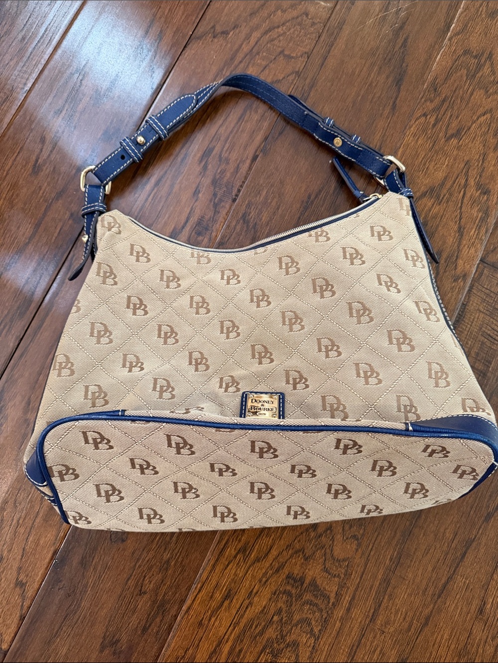 Dooney & Bourke Beige Monogram Shoulder Bag with Navy Trim
